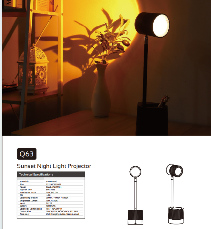 Q63 Sunset Night Light Projector LED Desk Lamp with Pen Container & 1800mAh Battery