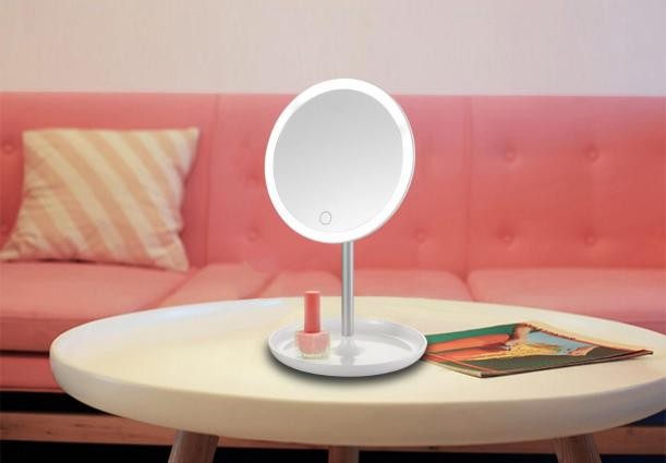 Round LED Mirror Lamp with Storage – Dimmable, 5500 – 6500K Color Temperature, Optional 5x Magnification