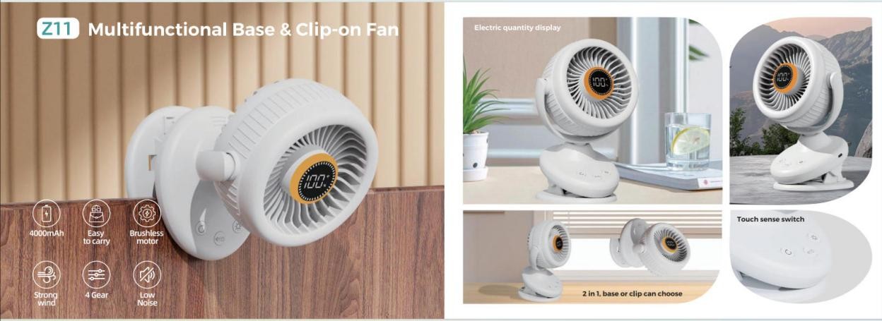 Portable Z11 Multifunctional 2-in-1 Base & Clip-on Fan
