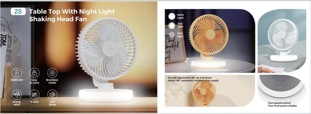 Z8 Table Top Shaking Head Fan with Night Light