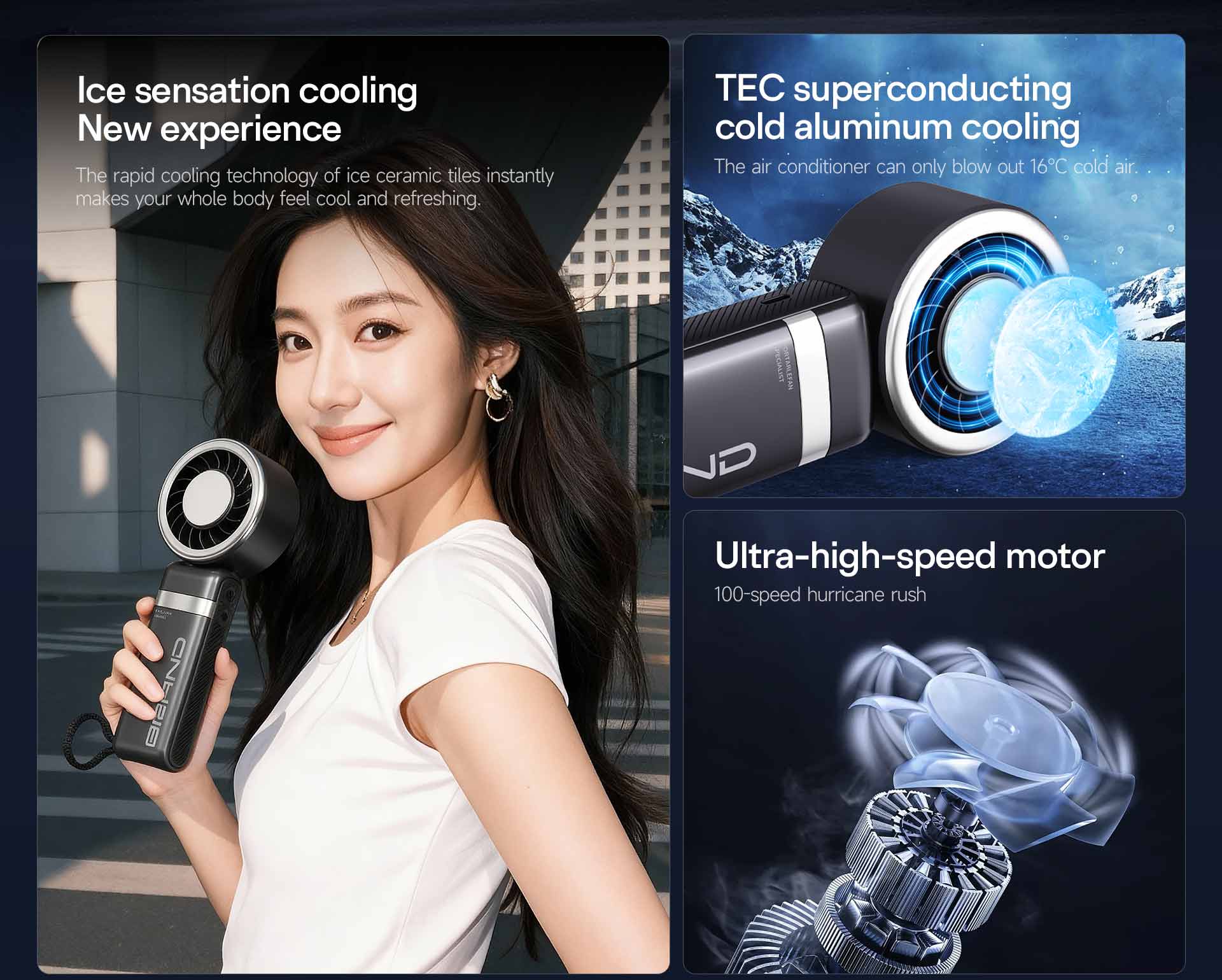 HZ-F22 | Portable Handheld Fan with Ice Cooling Plate, 10000mAh Battery, 4 Modes & 100-Level Stepless Speed, 22.5W Power Bank插图1