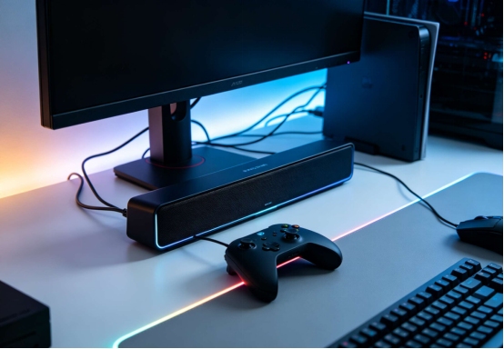 Compact HZ-B258 soundbar on gaming desk for competitive gaming audio performance
