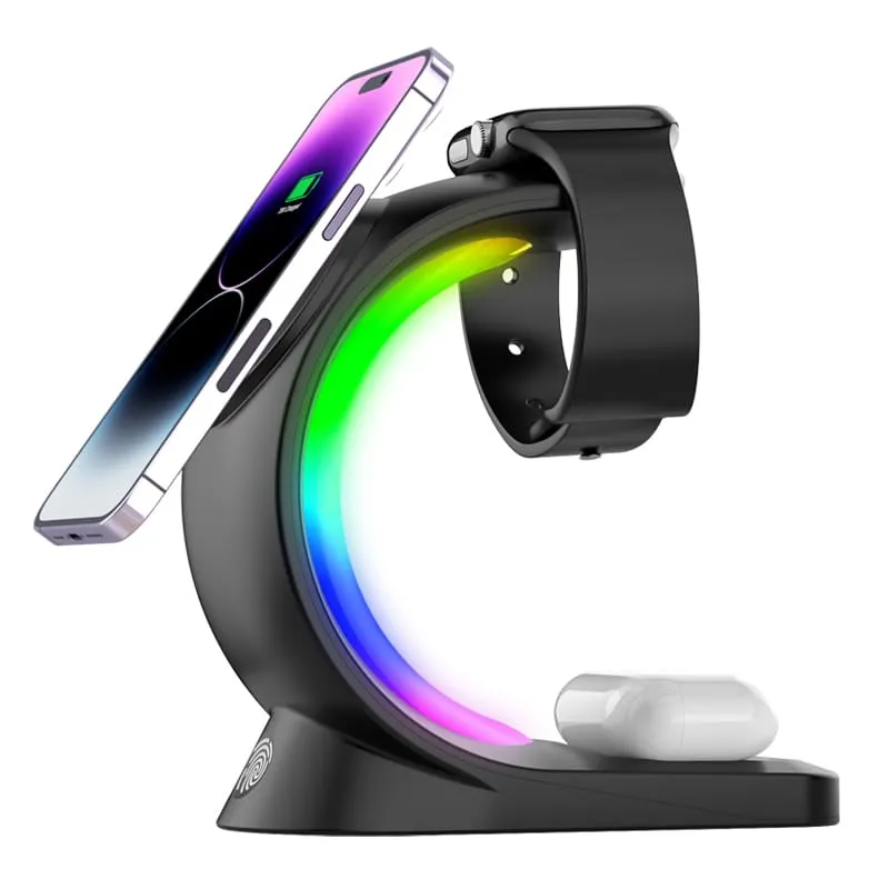 HZ-T094 | 3 - in - 1 Magnetic Wireless Charger with LED Atmosphere Light HZ-T094 | 3 - in - 1 Magnetic Wireless Charger with LED Atmosphere Light