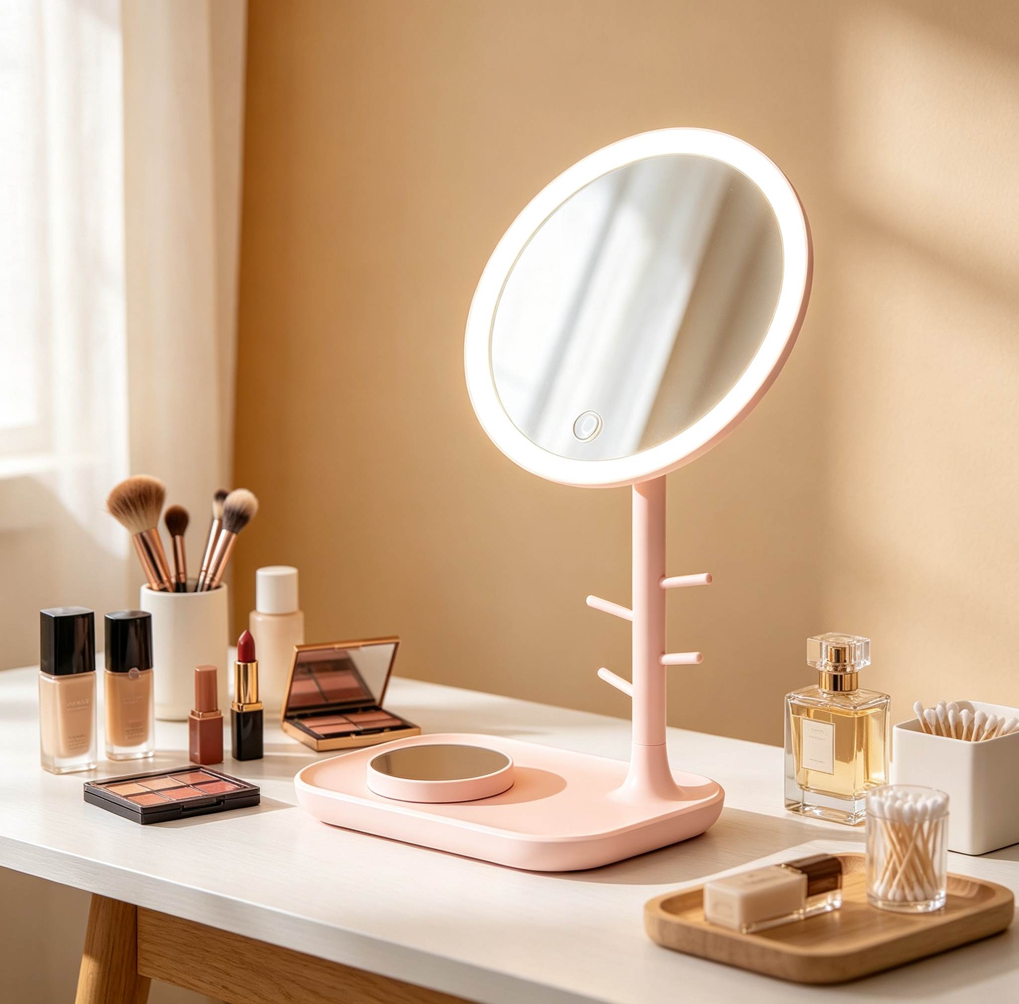 Pink LED makeup mirror on white vanity table with skincare and makeup tools