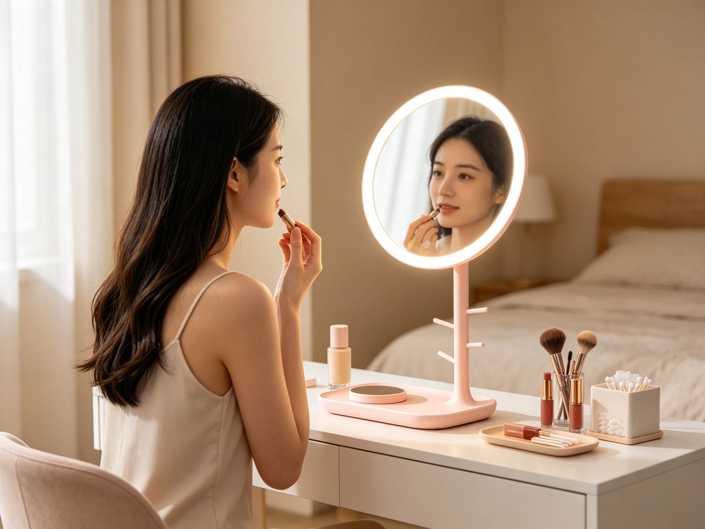 Young woman applying lipstick while using pink LED makeup mirror in cozy bedroom vanity