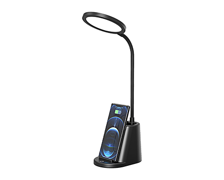 Adjustable black desk lamp with a flexible neck and compact base