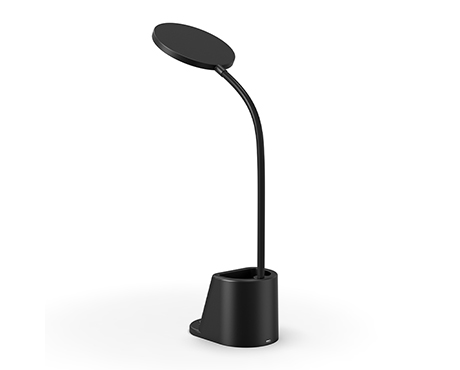 White adjustable desk lamp against a warm neutral workspace backdrop